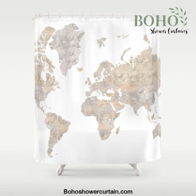 World map in gray and brown watercolor "Abey" Shower Curtain Offical Boho Shower Curtain Merch