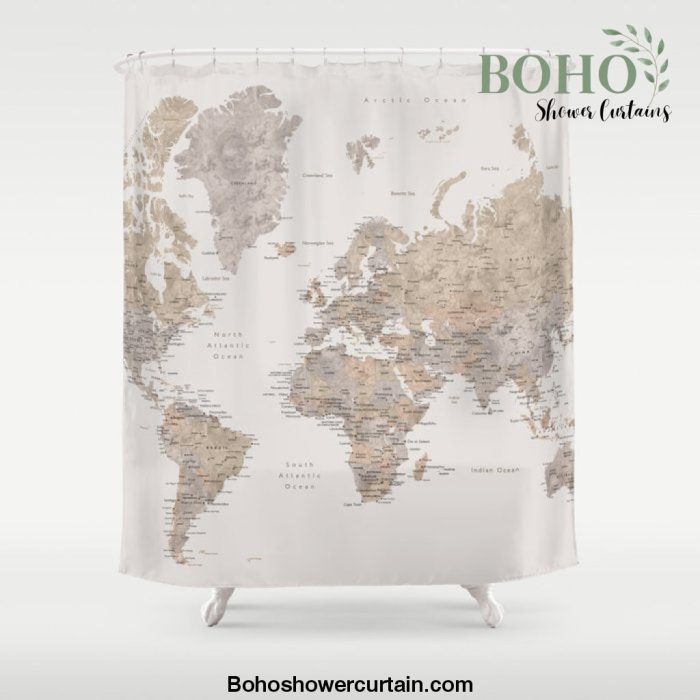 World map with cities in brown and light gray Shower Curtain Offical Boho Shower Curtain Merch