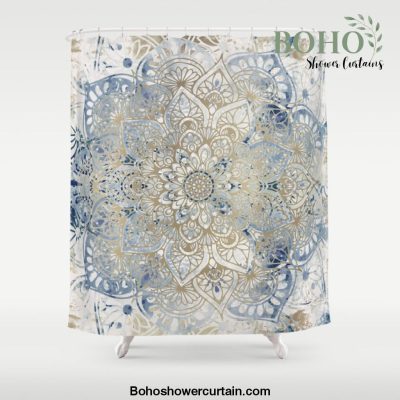 Yoga, Mandala, Blue and Gold, Wall Art Boho Shower Curtain Offical Boho Shower Curtain Merch