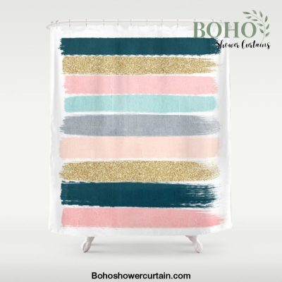 Zara - minimal gold navy pink pastel stripes painterly boho decor trendy gifts Shower Curtain Offical Boho Shower Curtain Merch